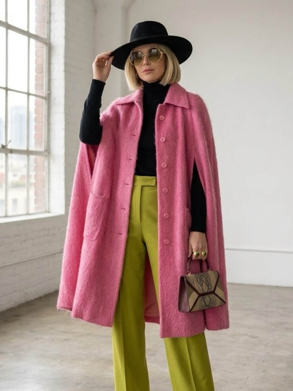 Vintage 70s Auckie Sanft Bubblegum Pink Virgin Wool Cape Coat - One Size